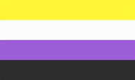 An image of the nonbinary flag, striped yellow, white, purple, and black top to bottom.