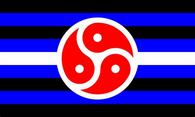 An image of the kinky flag, black, blue, and white striped with a red and white triskelion in the center.