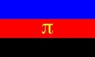 An image of the kinky flag, blue, red, and black striped top to bottom, with a yellow pi symbol in the center.